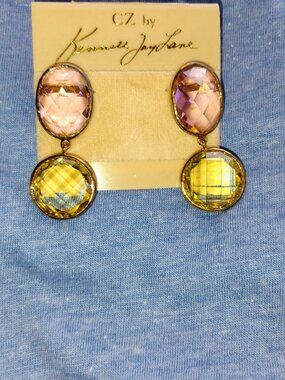 Kenneth Jay Lane CZ pink and yellow dangling earrings